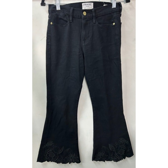 Frame Jeans Womens 25 Black Le High Flare Stretch Dark Wash USA Boho Lace Floral - Picture 1 of 16